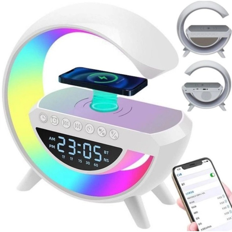 Багатофункціональний RGB нічник з Bluetooth колонкою та бездротовою зарядкою з годинником 15Вт BT-3401 White
