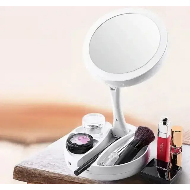 Дзеркало косметичне для макіяжу складне настільне з LED підсвічуванням та органайзером регульоване кругле з підставкою White