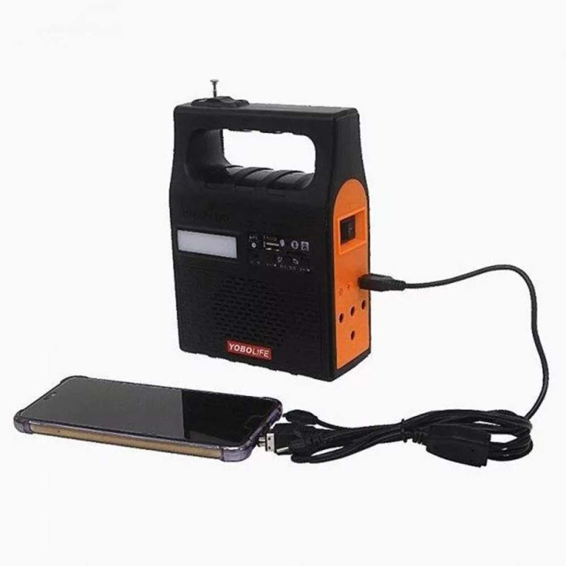 Потужний кемпінговий ліхтар портативна сонячна станція Power Bank 5500mAH, FM радіо, MP3 + 2 лампи YOBOLIFE 3601-LM-6V Black