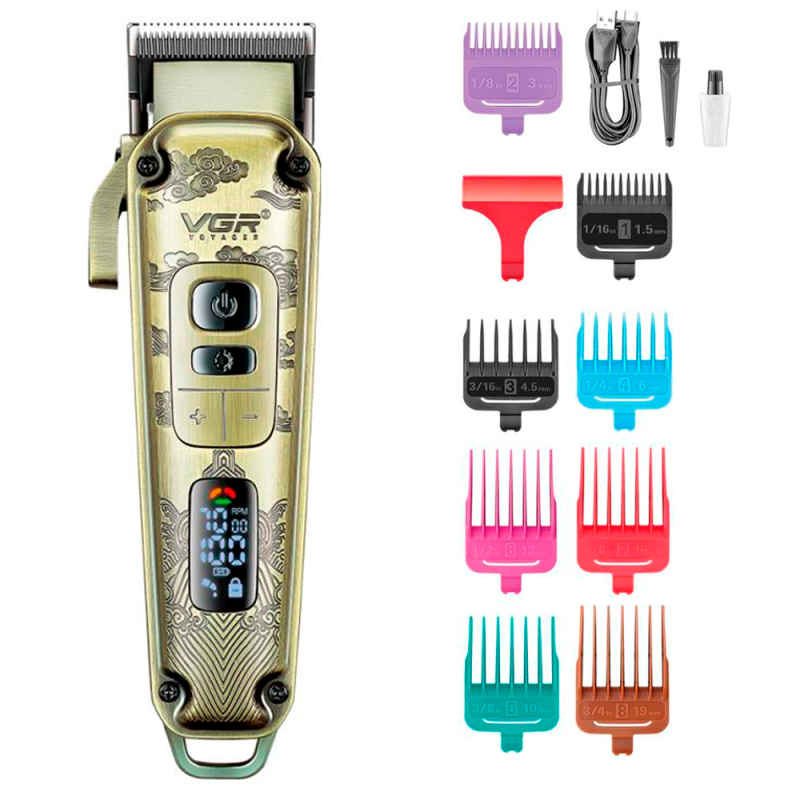Бездротова машинка для стрижки волосся, тример для бороди з акумулятором та LED-дисплеєм VGR (V-005 Gold)