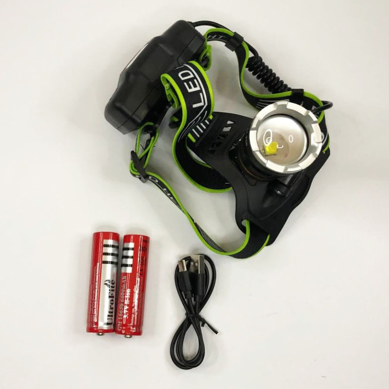 Налобний надпотужний LED ліхтар із двома акумуляторами 18650 та 3 режими роботи Bailong BL-A7-P50 Black/Green