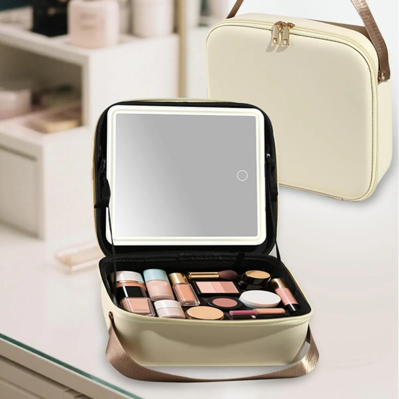 Сумка-органайзер для косметики з дзеркалом і LED-підсвіткою EVA Modern EM-7612 Beige