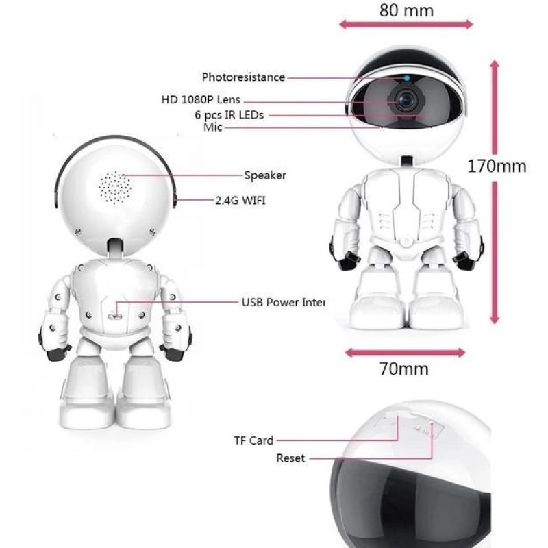 Відеоняня цифрова поворотна з датчиком звуку та руху панорама 320° Robot WIFI 2MP FullHD 1080p White