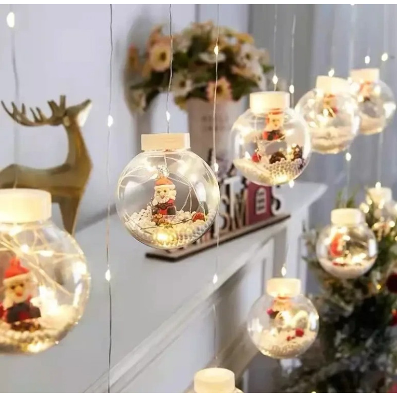 Світлодіодна гірлянда штора Кулі з Дідом Морозом 3м 10 куль теплий White