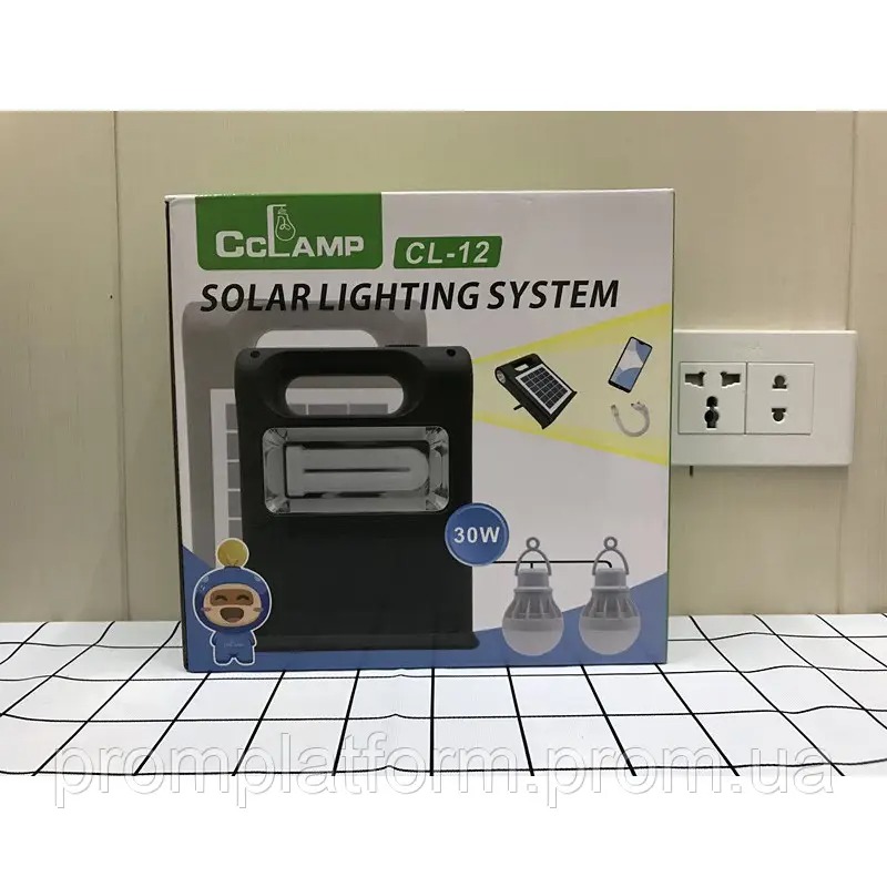 Багатофункціональний LED ліхтар із сонячною панеллю, функцією повербанку та 2 лампочками Cclamp CL-12 3000mAh 30W Чорний