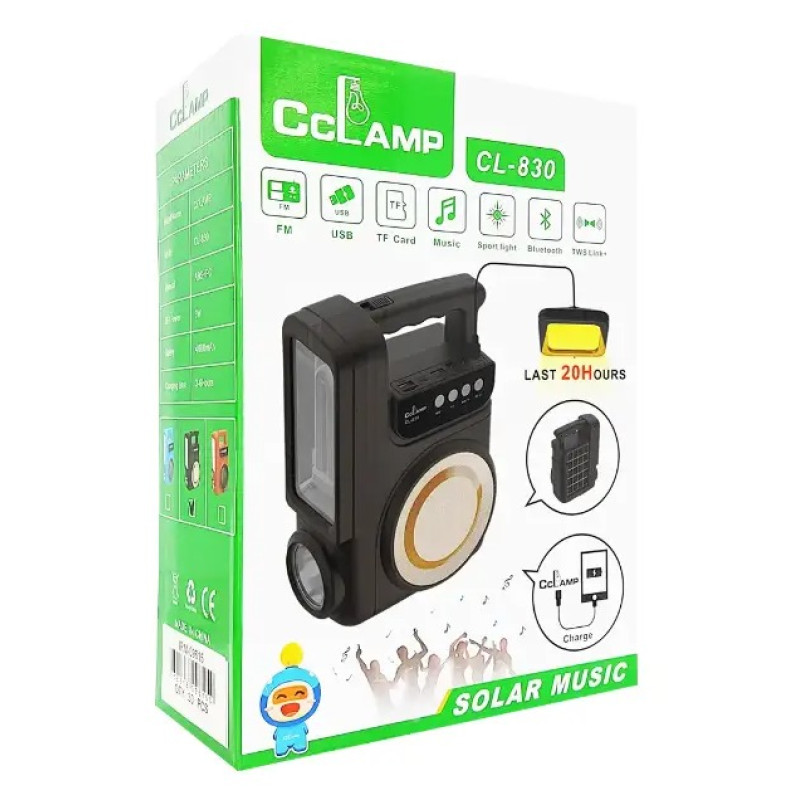 Багатофункціональний LED ліхтар із сонячною панеллю, радіо, MP3 плеєр, функцією повербанку та 1 лампочкою Cclamp CL-830 4000mAh Bluetooth Чорний