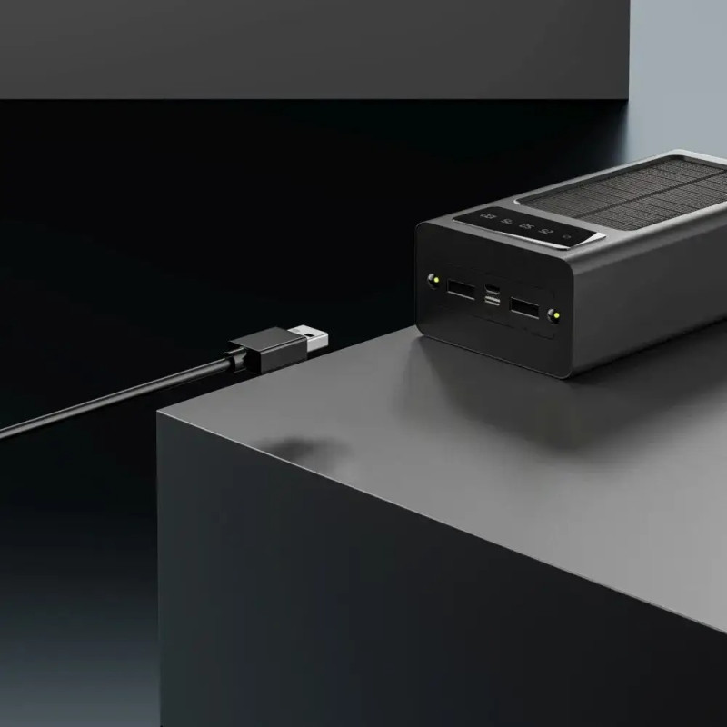 Портативний зарядний пристрій 30000 mAh із сонячною панеллю та 4-ма вбудованими шнурами USB microUSB Type-C Lightning K-300 Чорний
