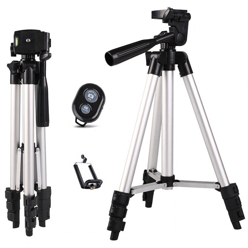Штатив розкладний трипод тринога 70 см з пультом, bluetooth, тримачем для смартфона і фотоапарата dk-3888 Silver