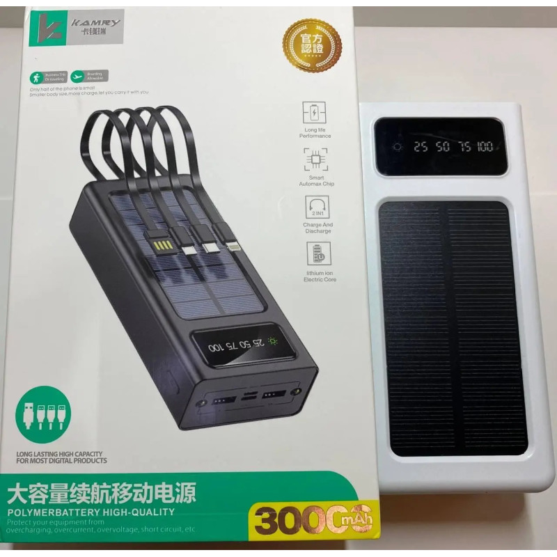 Портативний зарядний пристрій 30000 mAh із сонячною панеллю та 4-ма вбудованими шнурами USB microUSB Type-C Lightning K-300 Чорний
