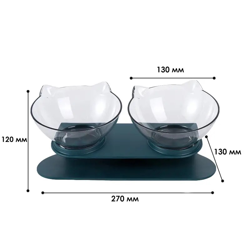 Миска для котов двойная с подставкой из пластика 400мл 135х270х135мм Taotaopets 117718 Green