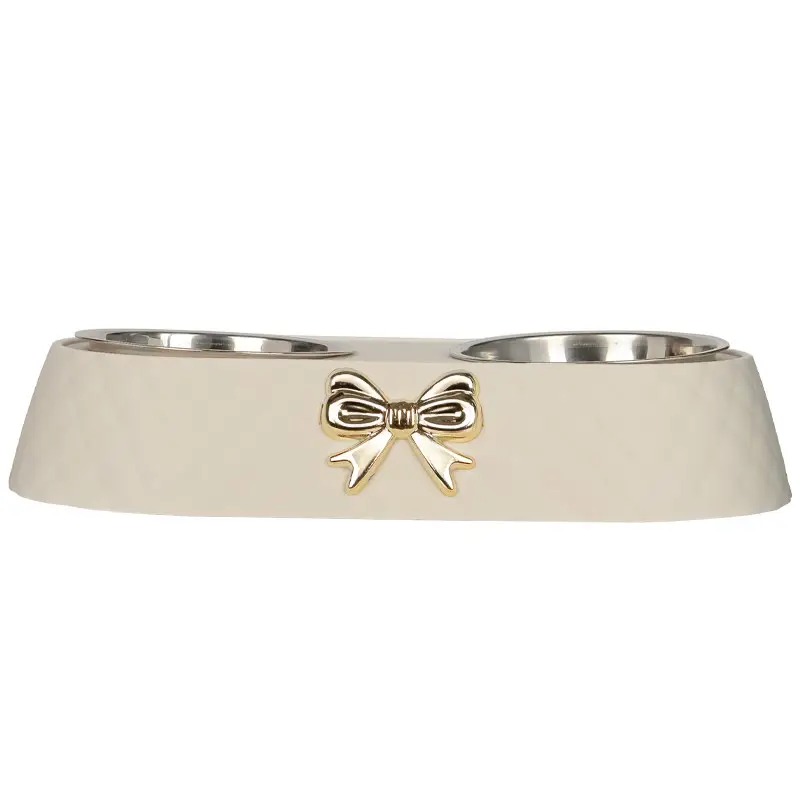 Миска для котів з підставкою подвійна із нержавіючої сталі 340х175х65мм Taotaopets 138817 White