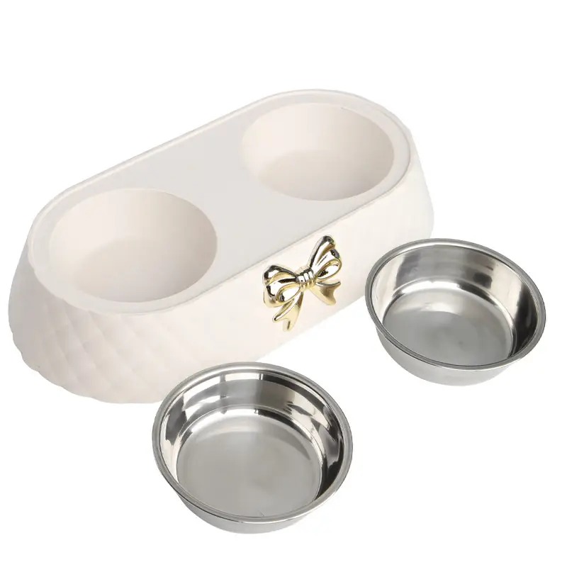 Миска для котів з підставкою подвійна із нержавіючої сталі 340х175х65мм Taotaopets 138817 White