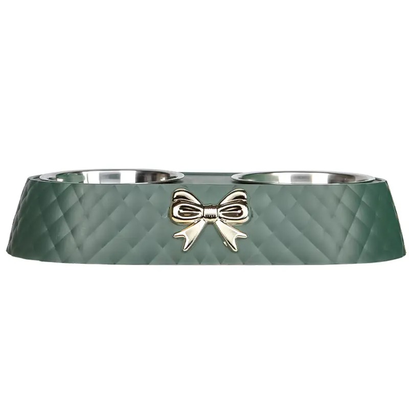 Миска для котів з підставкаю подвійна із нержавіючої сталі 340х175х65мм Taotaopets 138817 Green