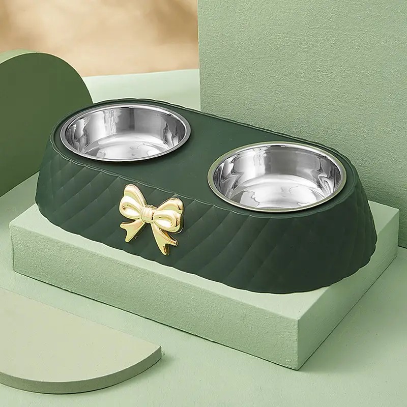 Миска для котів з підставкаю подвійна із нержавіючої сталі 340х175х65мм Taotaopets 138817 Green