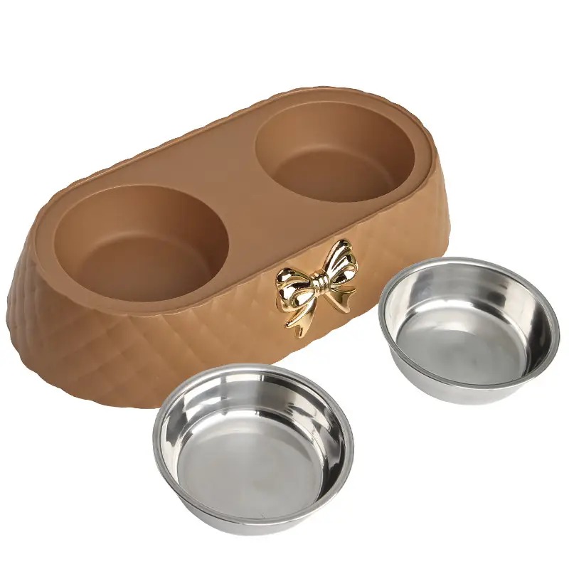 Миска для котів з підставкаю подвійна із нержавіючої сталі 340х175х65мм Taotaopets 138817 Brown