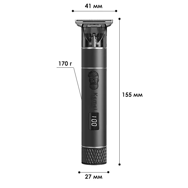 Машинка для стрижки волосся акумуляторний тример з дисплеєм та 3 насадками Kemei KM-1943 Black