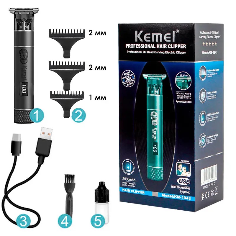 Машинка для стрижки волосся акумуляторний тример з дисплеєм та 3 насадками Kemei KM-1943 Black