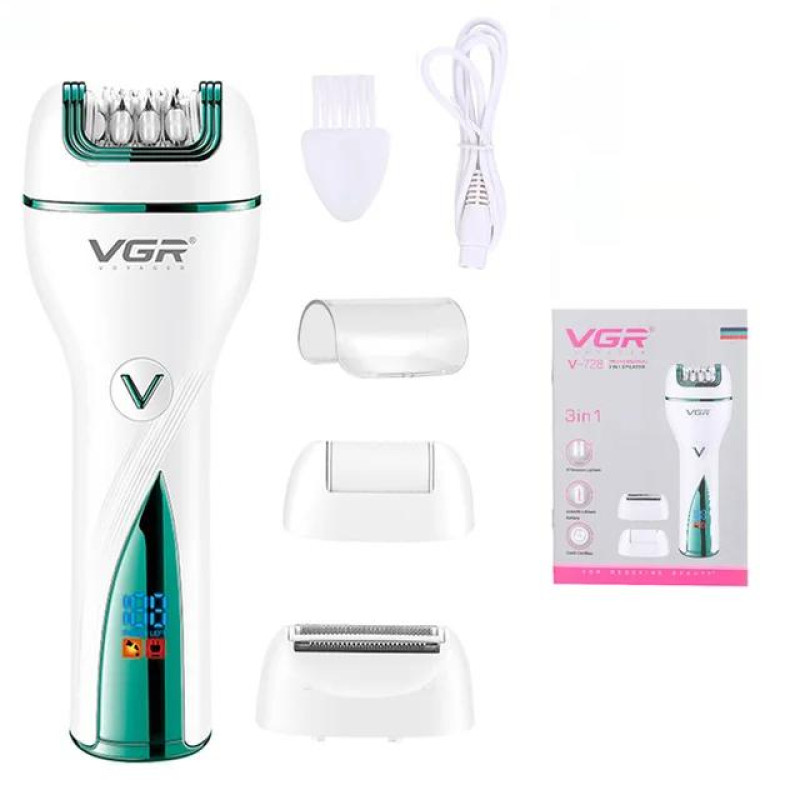 Бездротовий епілятор 3в1 жіночий з насадками для ніг і бікіні 5Вт VGR V-728 White