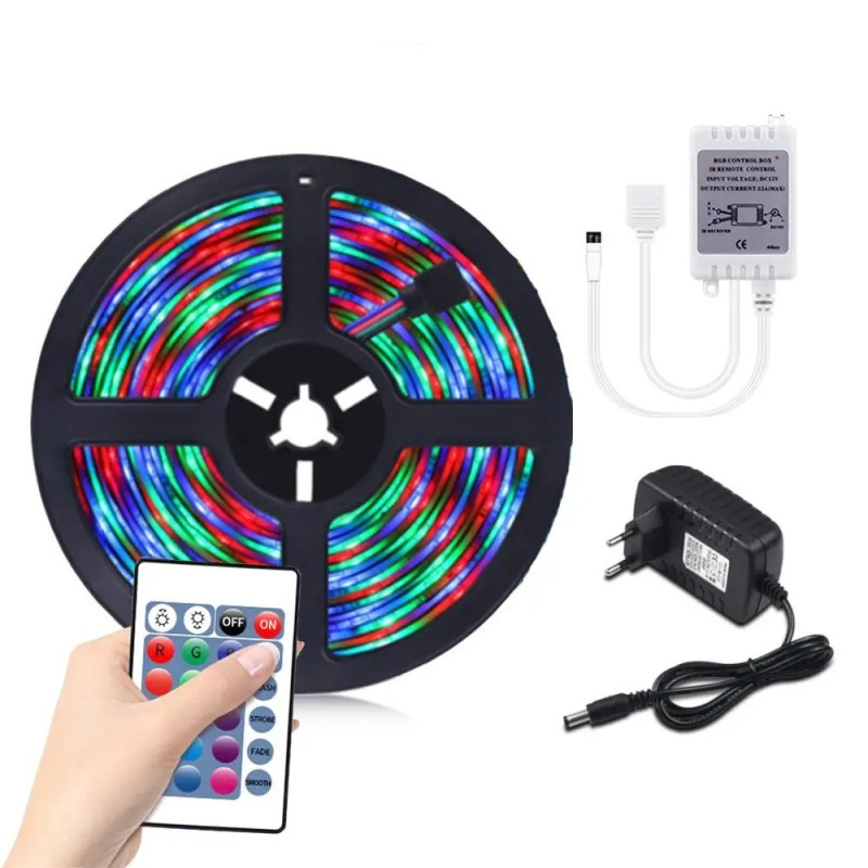 Світлодіодна LED стрічка RGB багатобарвна з пультом, контролер та блоком живлення 5 метрів Multicolor
