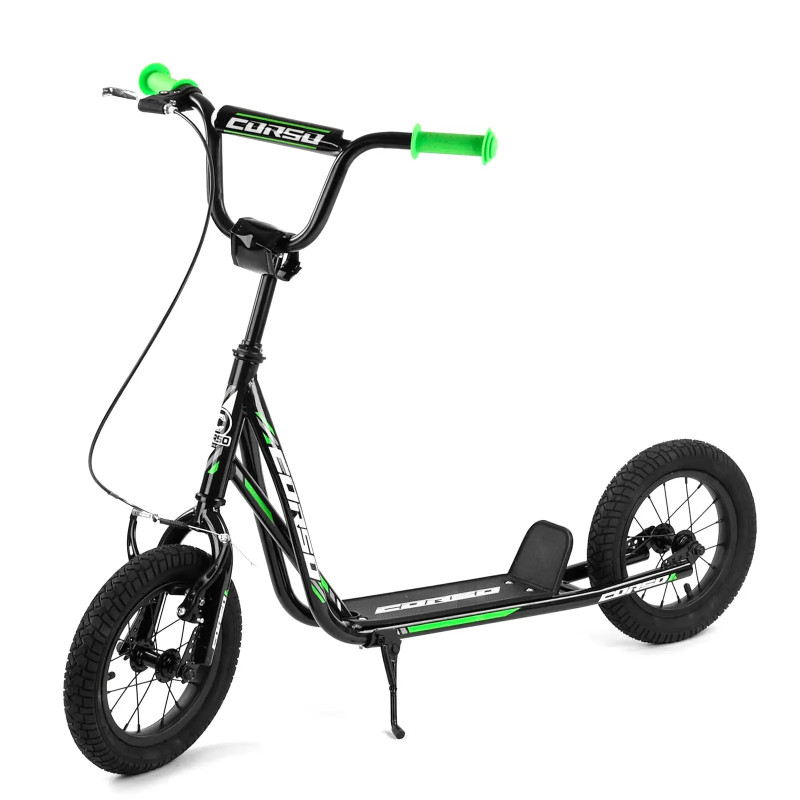 Самокат міський двоколісний з великими надувними колесами 12" для дітей від 3 років Corso JT 01019 Чорний/Зелений
