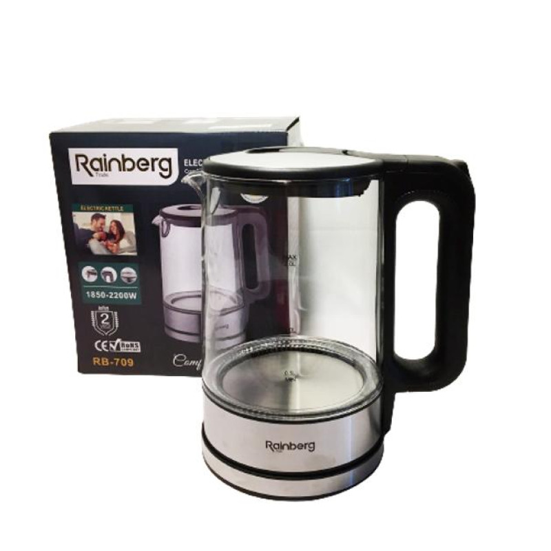 Електрочайник дисковий скляний 2л. з підсвічуванням Rainberg (RB-709) Black