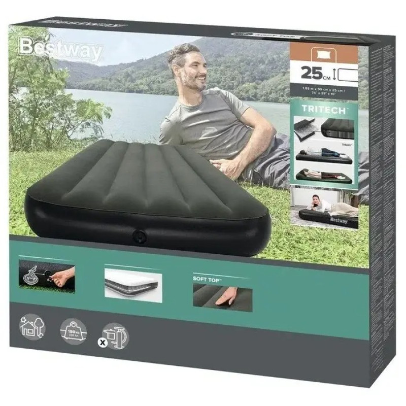 Надувний флокований одномісний матрац ПВХ з велюровим покриттям до 100кг Bestway 6713L 188x99x25см Grey