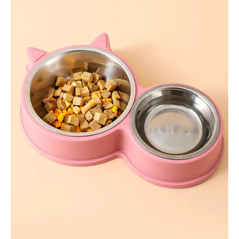 Миска для кошек двойная с подставкой для средних пород из пластика и металла 300 мл Taotaopets 132215 Pink