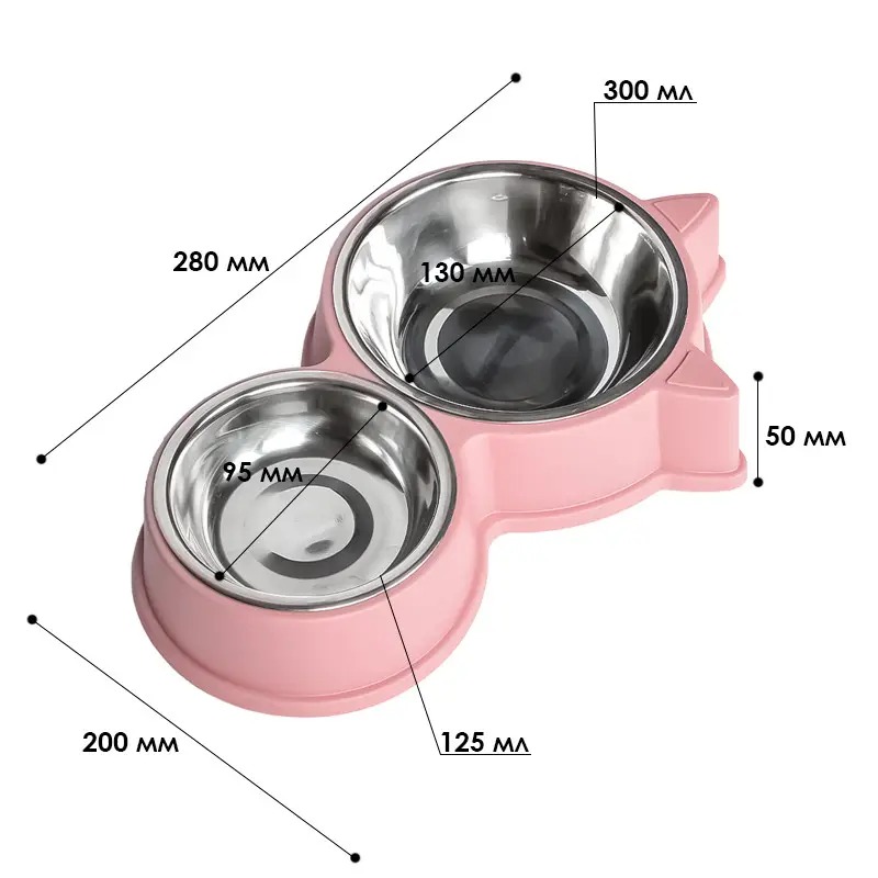 Миска для кошек двойная с подставкой для средних пород из пластика и металла 300 мл Taotaopets 132215 Pink
