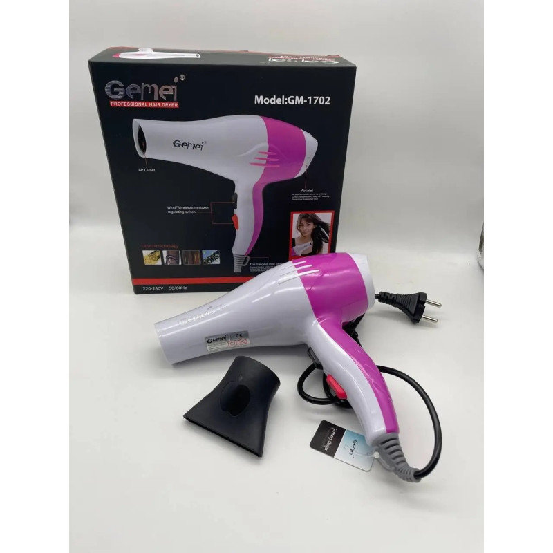 Фен для волосся з насадкою концентратором та 2 швидкостями Gemei GM-1702 1300Вт White/Pink