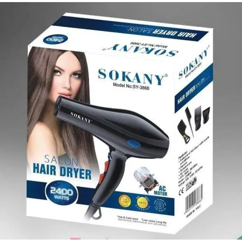 Професійний фен 2 режими швидкості та температурних режимів SOKANY SY-3866 2400Вт Black