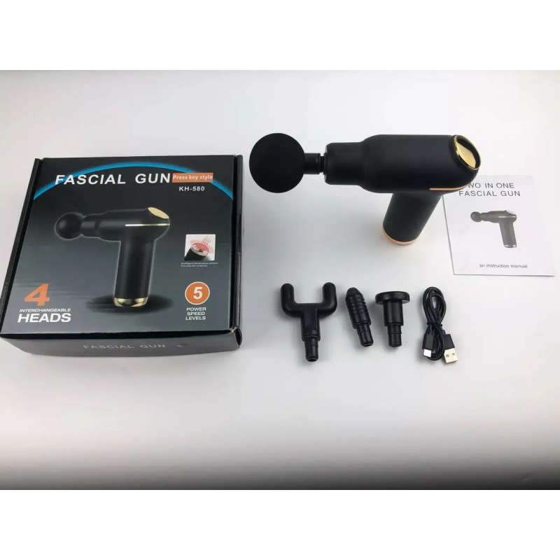 Ручний масажер пістолет акумуляторний вібраційний з 4 насадками 1800мАч FASCIAL GUN KH-580 Black Ручний масажер пістолет акумуляторний вібраційний з 4 насадками 1800мАч FASCIAL GUN KH-580 Black