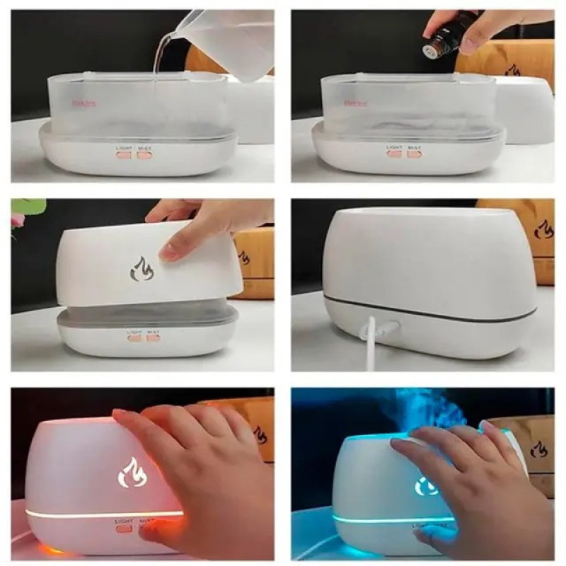 Ультразвуковий зволожувач повітря 200мл з ефектом полум'я RGB LED 7 кольорів 6Вт White
