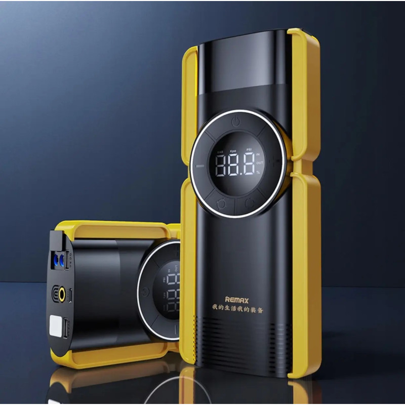 Пускозарядний пристрій з компресором портативний акумулятор для автомобіля з дисплеєм та ліхтарем Li-Pol 8000мАч 3.7В Remax CP-F77 Black/Yellow