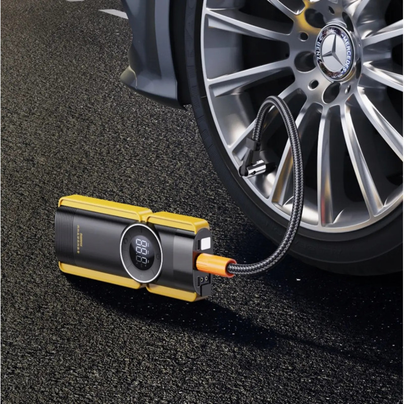 Пускозарядний пристрій з компресором портативний акумулятор для автомобіля з дисплеєм та ліхтарем Li-Pol 8000мАч 3.7В Remax CP-F77 Black/Yellow