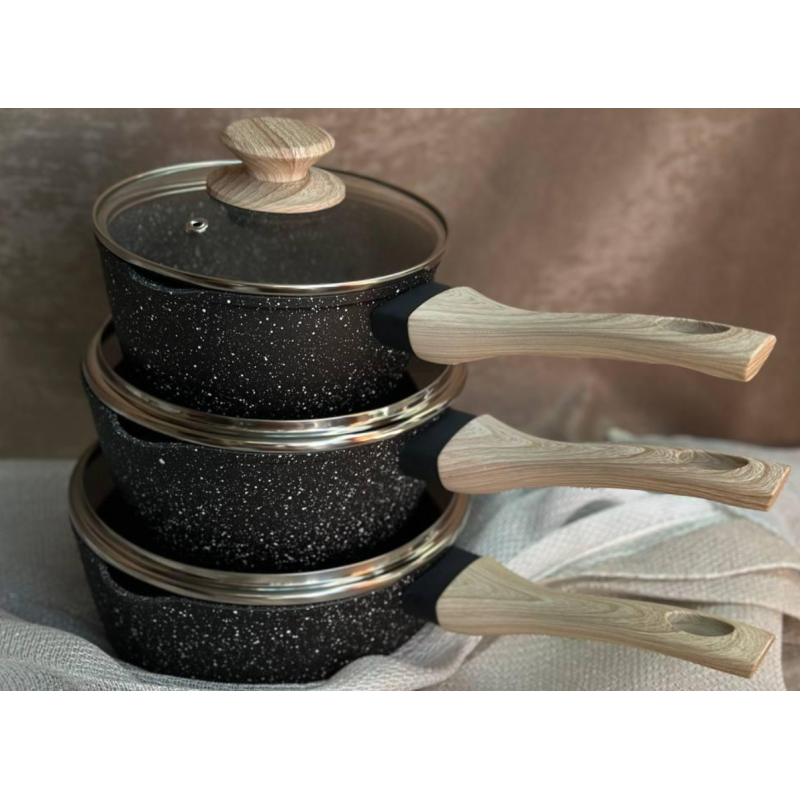 Набір з 3 сотейників з антипригарним покриттям та кришками для всіх видів плит 16-17-18 см 1,2-1,5-2 л. Rainberg (RB-777) Black