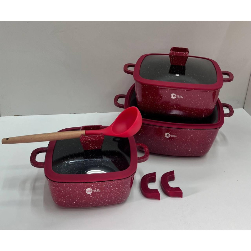 Набір квадратних каструль із гранітним антипригарним покриттям, силіконовими кришками та 5-ти шаровим дном Higher Kitchen HK-323 Red