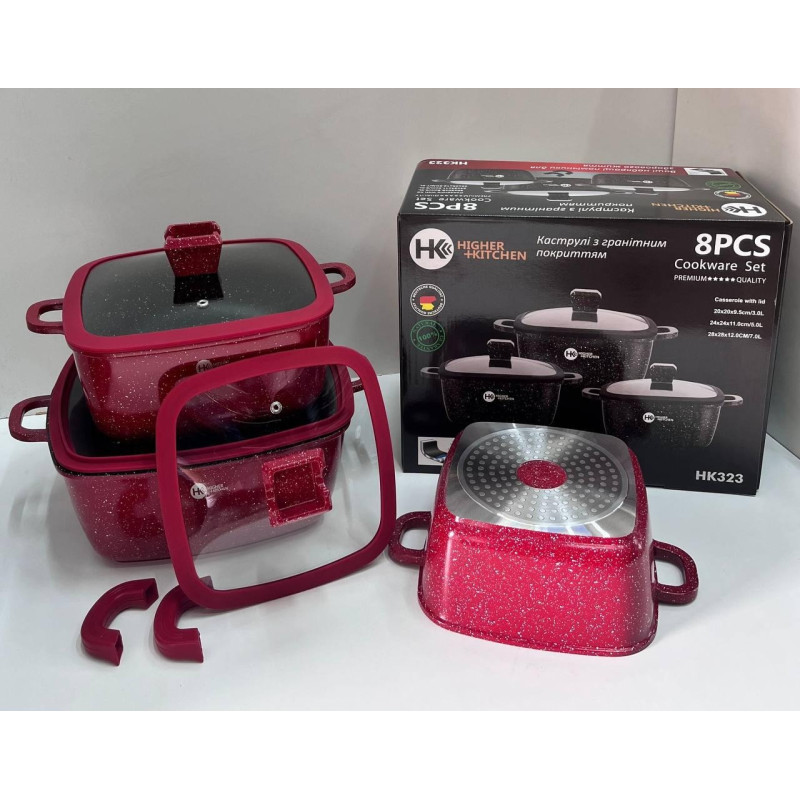 Набір квадратних каструль із гранітним антипригарним покриттям, силіконовими кришками та 5-ти шаровим дном Higher Kitchen HK-323 Red