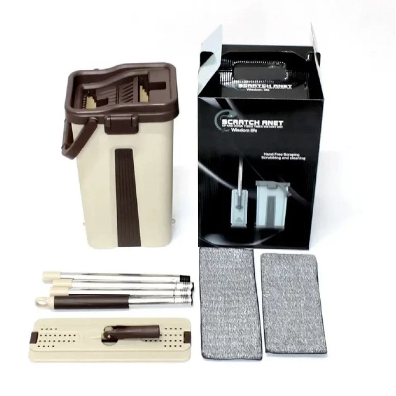 Швабра з великим відром з віджимом 10л і запасною насадкою з мікрофібри 32,5х12,5см Scratch Cleaning Mop Beige