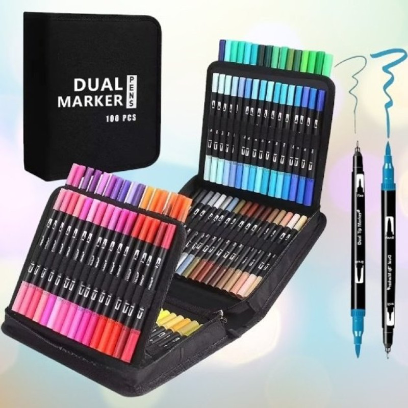 Набір двосторонніх акварельних маркерів 100 штук Dual Brush для малювання скетчінгу, письма та творчості