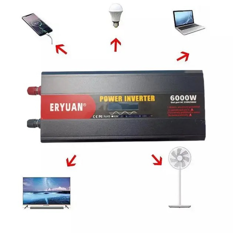 Перетворювач напруги 6000W з 12V в 220V чистий синус інвертор із захистом від замикання звуковий сигнал LCD Black