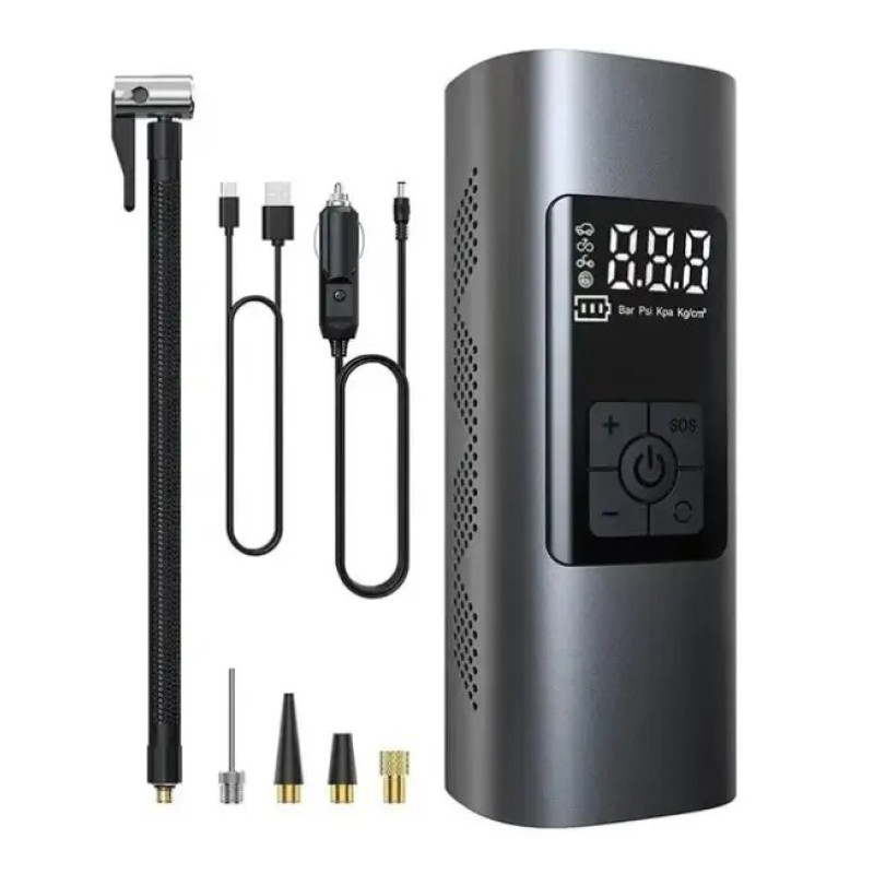 Портативний автомобільний компресор акумуляторний Compact Pump CP-19008 12 В з екраном 3 види насадок 101 Black