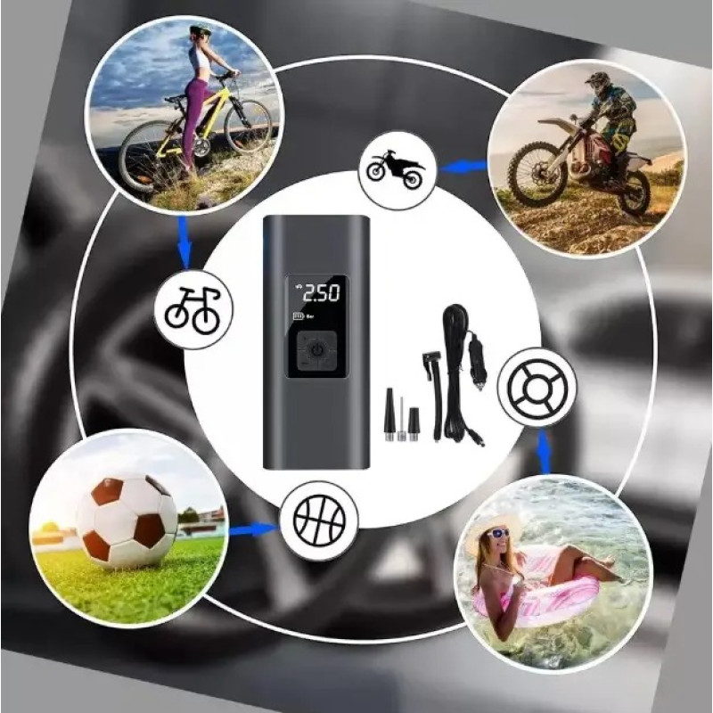 Портативний автомобільний компресор акумуляторний Compact Pump CP-19008 12 В з екраном 3 види насадок 101 Black Портативний автомобільний компресор акумуляторний Compact Pump CP-19008 12 В з екраном 3 види насадок 101 Black