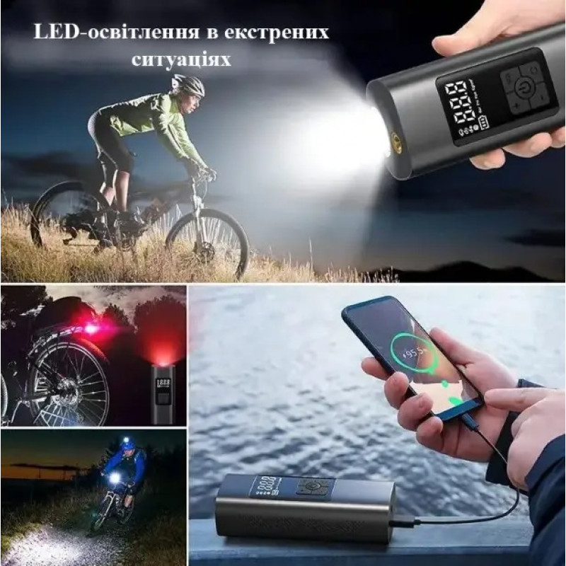 Портативний автомобільний компресор акумуляторний Compact Pump CP-19008 12 В з екраном 3 види насадок 101 Black Портативний автомобільний компресор акумуляторний Compact Pump CP-19008 12 В з екраном 3 види насадок 101 Black