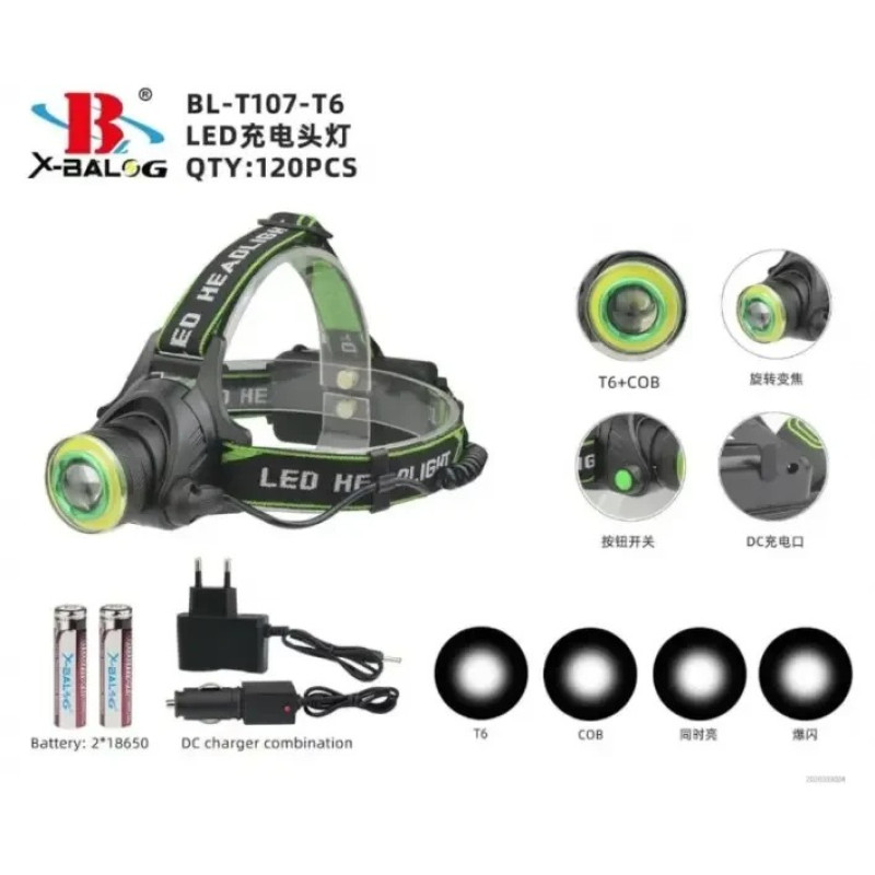 Ліхтарик налобний акумуляторний високої потужності 4 режими свічення BAILONG BL-T107-T6 Black/Green Ліхтарик налобний акумуляторний високої потужності 4 режими свічення BAILONG BL-T107-T6 Black/Green