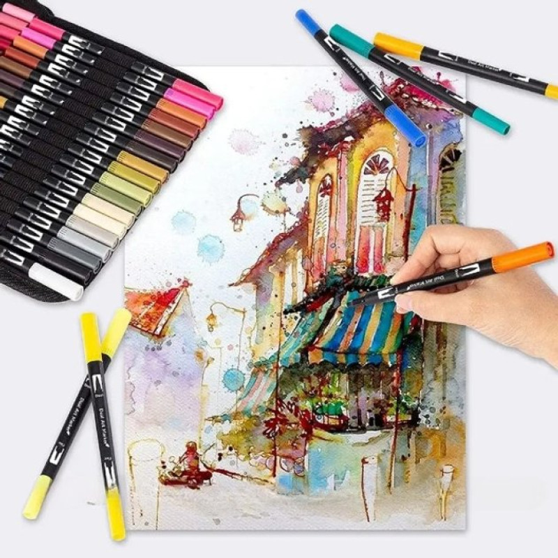 Набір двосторонніх акварельних маркерів 100 штук Dual Brush для малювання скетчінгу, письма та творчості