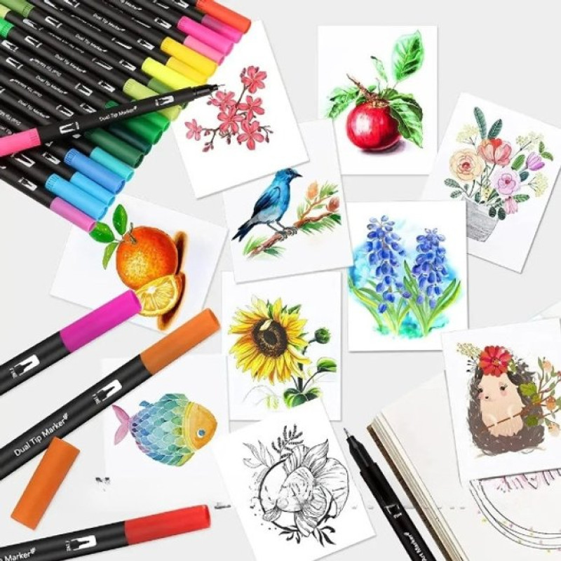 Набір двосторонніх акварельних маркерів 100 штук Dual Brush для малювання скетчінгу, письма та творчості