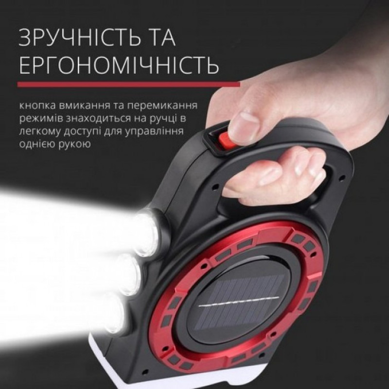 Ручний кемпінговий ліхтар із сонячною батареєю Micro USB та Power Bank 2 режиму яскравості Hurry Bolt HB 6678 Black/Red