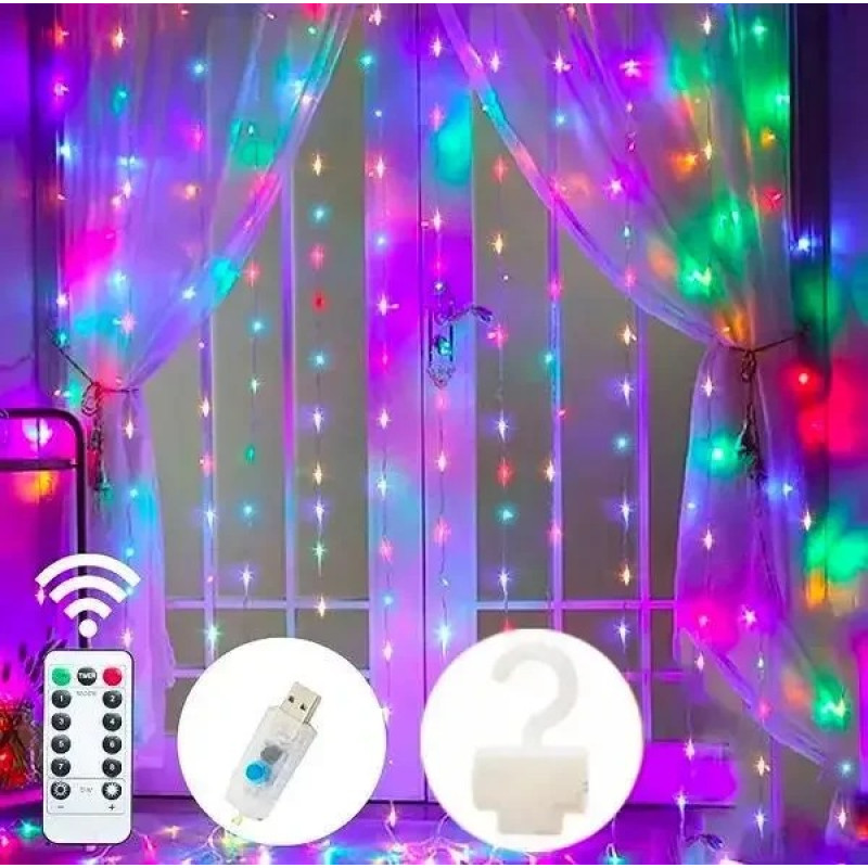 Світлодіодна гірлянда штора з пультом мультик 3х2 м. кімнатна USB 200 LED Multicolor