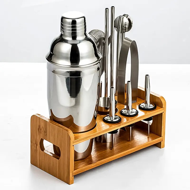 Набір для бармена з 12 предметів із дерев'яною підставкою для приготування коктейлів нержавіюча сталь Youchen MC-M12 Silver