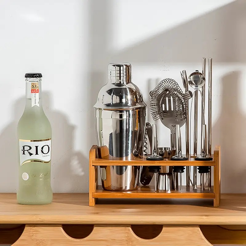 Набір для бармена з 12 предметів із дерев'яною підставкою для приготування коктейлів нержавіюча сталь Youchen MC-M12 Silver Набір для бармена з 12 предметів із дерев'яною підставкою для приготування коктейлів нержавіюча сталь Youchen MC-M12 Silver